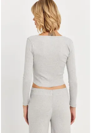 Kadın Gri Düğme Detaylı Basic Bluz ALB3814