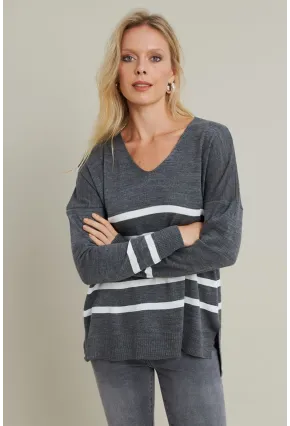Kadın Gri-Ekru V Yaka Çizgili Triko Kazak MYİL550