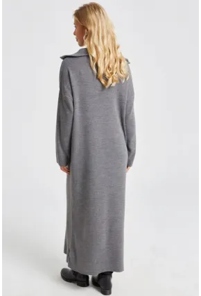 Kadın Gri Fermuarlı Triko Maxi Elbise SF2525