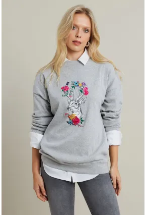 Kadın Gri-Fuşya Nakışlı Sweatshirt YLE20