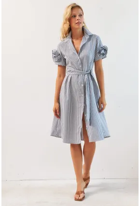 Kadın Gri Gül Detaylı Midi Gömlek Elbise SF12812