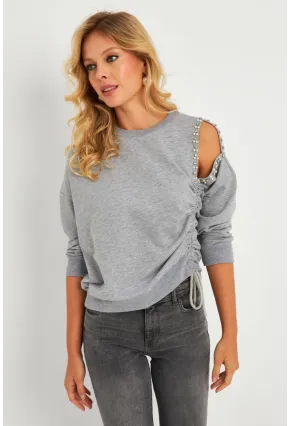 Kadın Gri İnci Detaylı Büzgülü Sweatshirt RLO04