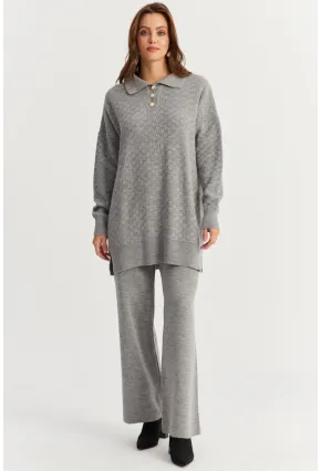 Kadın Gri İnci Düğmeli Triko Alt Üst Takım MNUV33