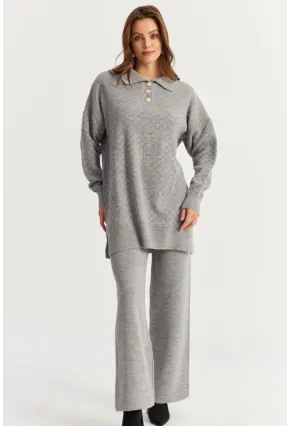 Kadın Gri İnci Düğmeli Triko Alt Üst Takım MNUV33