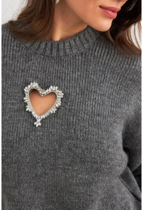 Kadın Gri Kalp Pencereli Kazak TEM101