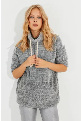 Kadın Gri Kanguru Cep Peluş Sweatshirt Q978