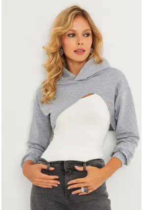 Kadın Gri Kapüşonlu Crop Sweatshirt  TF03