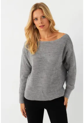 Kadın Gri Kayık Yaka Kazak AYD392