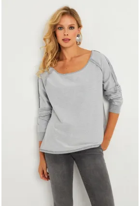 Kadın Gri Kayık Yaka Ters Dikişli Sweatshirt TF10