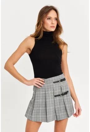 Kadın Gri Kemer Detaylı Ekose Şort Etek FS9473