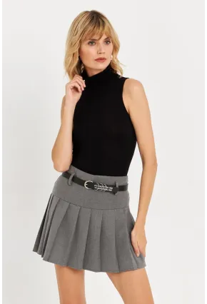 Kadın Gri Kemerli Pilili Mini Etek ELA6024