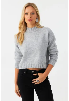 Kadın Gri Kısa Triko Kazak YV301
