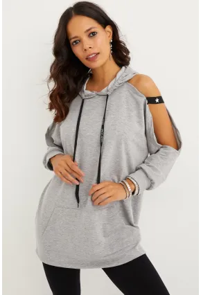 Kadın Gri Kolları Açık Kapüşonlu Sweatshirt Yİ2356