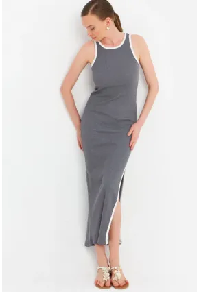 Kadın Gri Kontrast Biyeli Yırtmaçlı Maxi Elbise OR2087