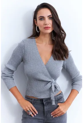 Kadın Gri Kruvaze Büzgülü Simli Bluz KED173
