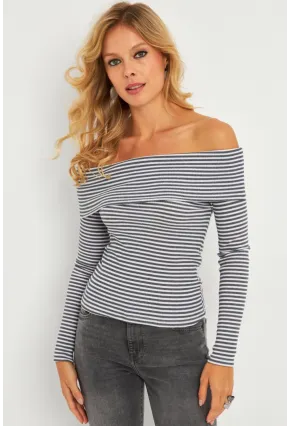 Kadın Gri Madonna Yaka Çizgili Bluz XL2400