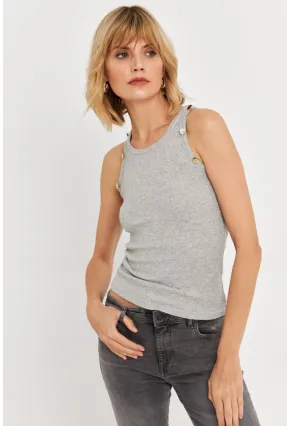 Kadın Gri Melanj Düğme Detaylı Kolsuz Kaşkorse Bluz TF55