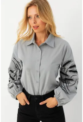 Kadın Gri Nakışlı Balon Kol Gömlek MQS5603