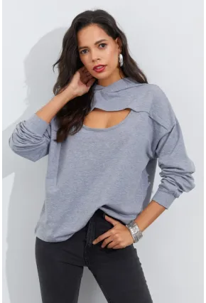 Kadın Gri Önü Pencereli Kapüşonlu Sweatshirt Yİ2486