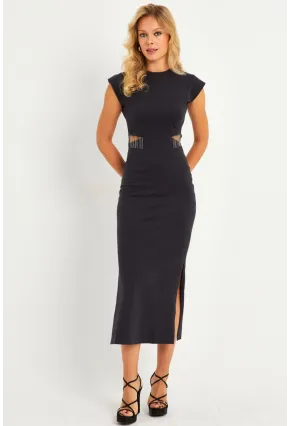 Kadın Gri Pencereli Aksesuarlı Midi Elbise YLE22