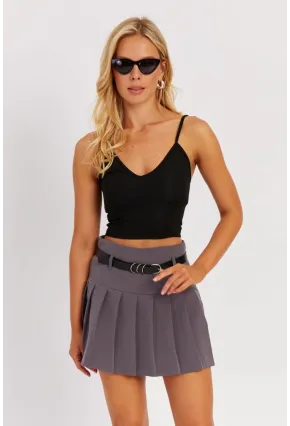 Kadın Gri Pilise Kemerli Mini Etek SGT402
