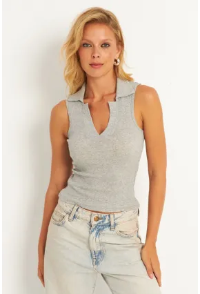 Kadın Gri Polo Yaka Kaşkorse Bluz MK10