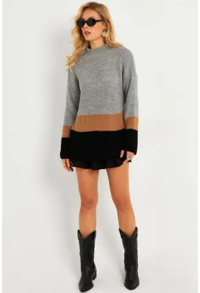 Kadın Gri Renk Bloklu Kazak YV277