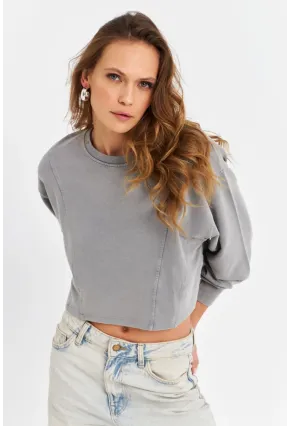 Kadın Gri Salaş Crop Sweatshirt ZH08