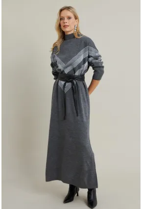 Kadın Gri Simli Maxi Triko Elbise MTC3215