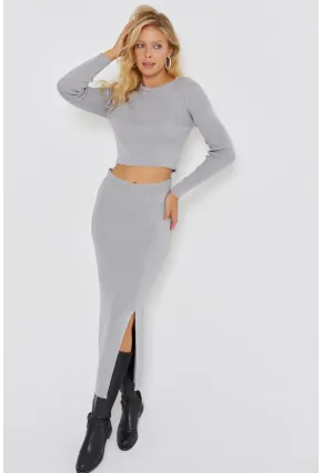 Kadın Gri Simli Triko Etek Takım KZ2497