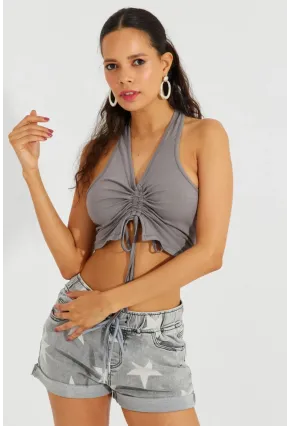 Kadın Gri Sırtı Açık Crop Bluz B2697