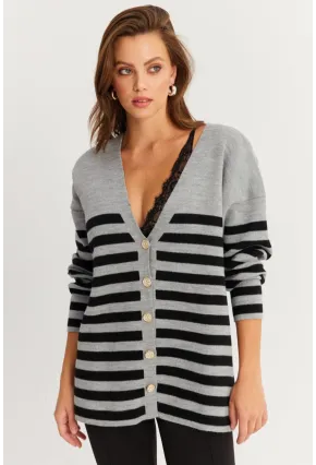Kadın Gri-Sıyah Çizgili Triko Hırka CNG3