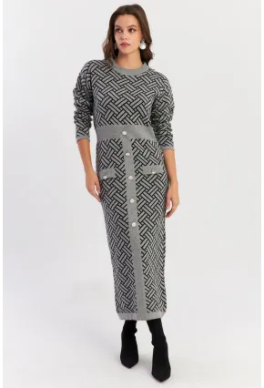 Kadın Gri-Siyah Düğme Aksesuarlı Desenli Maxi Elbise NUV41