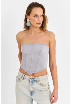 Kadın Gri Straplez Crop Bluz B6081