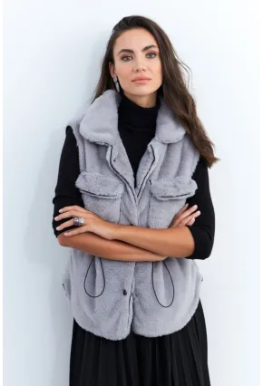 Kadın Gri Suni Kürk Cepli Yelek MK66