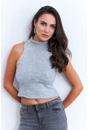 Kadın Gri Taş Detaylı Triko Bluz KED172