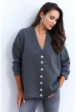 Kadın Gri Taşlı Düğmeli Hırka MİW4572
