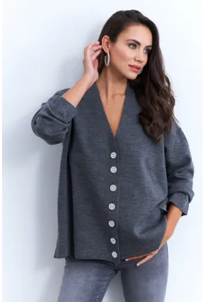 Kadın Gri Taşlı Düğmeli Hırka MİW4572