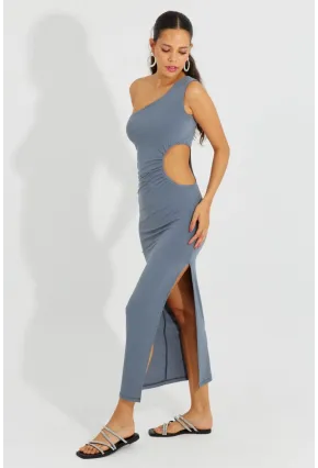 Kadın Gri Tek Omuz Yırtmaçlı Maxi Elbise B2629