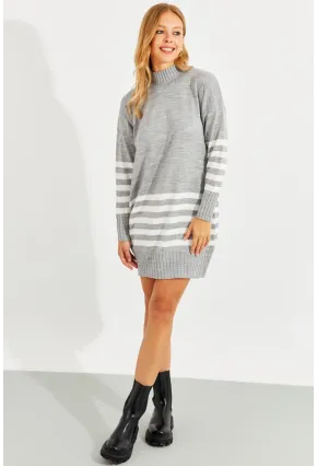 Kadın Gri Triko Çizgili Tunik YV202