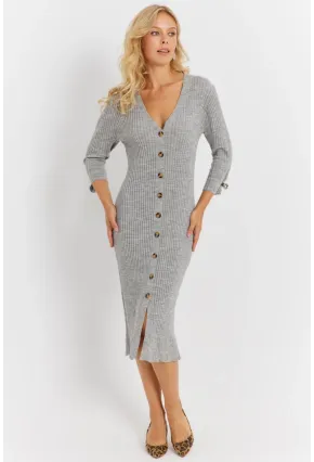 Kadın Gri Triko Midi Gömlek Elbise YV274