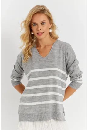 Kadın Gri V Yaka Çizgili Triko Kazak YİL550