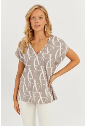 Kadın Gri V Yaka Desenli Bluz AYD293