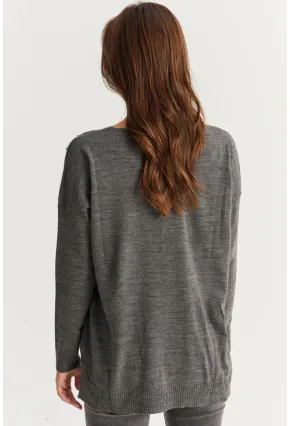 Kadın Gri V Yaka Taşlı İnce Triko Bluz YİL002