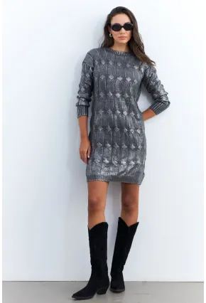 Kadın Gri Varaklı Triko Midi Elbise NAR446