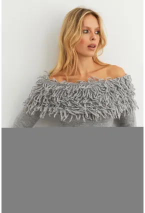 Kadın Gri Yakası Sakallı Madonna Bluz KZ542