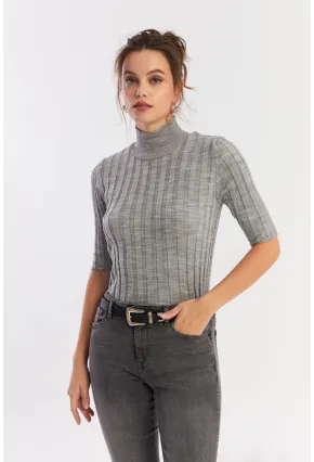 Kadın Gri Yarım Balıkçı Triko Bluz YV287