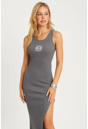 Kadın Gri Yırtmaçlı Kaşkorse Midi Elbise XL2011