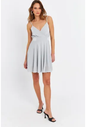 Kadın Gümüş Rengi Kruvaze Simli Astarlı Mini Elbise DCF110