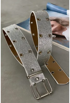 Kadın Gümüş Rengi Kuş Gözlü Simli Kemer BE619